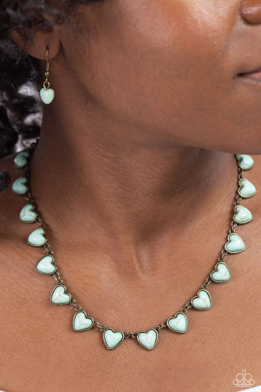 Sentimental Stones - Brass Heart Fittings/Light Blue Stone Hearts Paparazzi Necklace & matching earrings