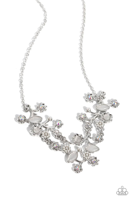 Gardening Group - White Cat's Eye Stones/Iridescent Rhinestone Paparazzi Necklace & matching earrings