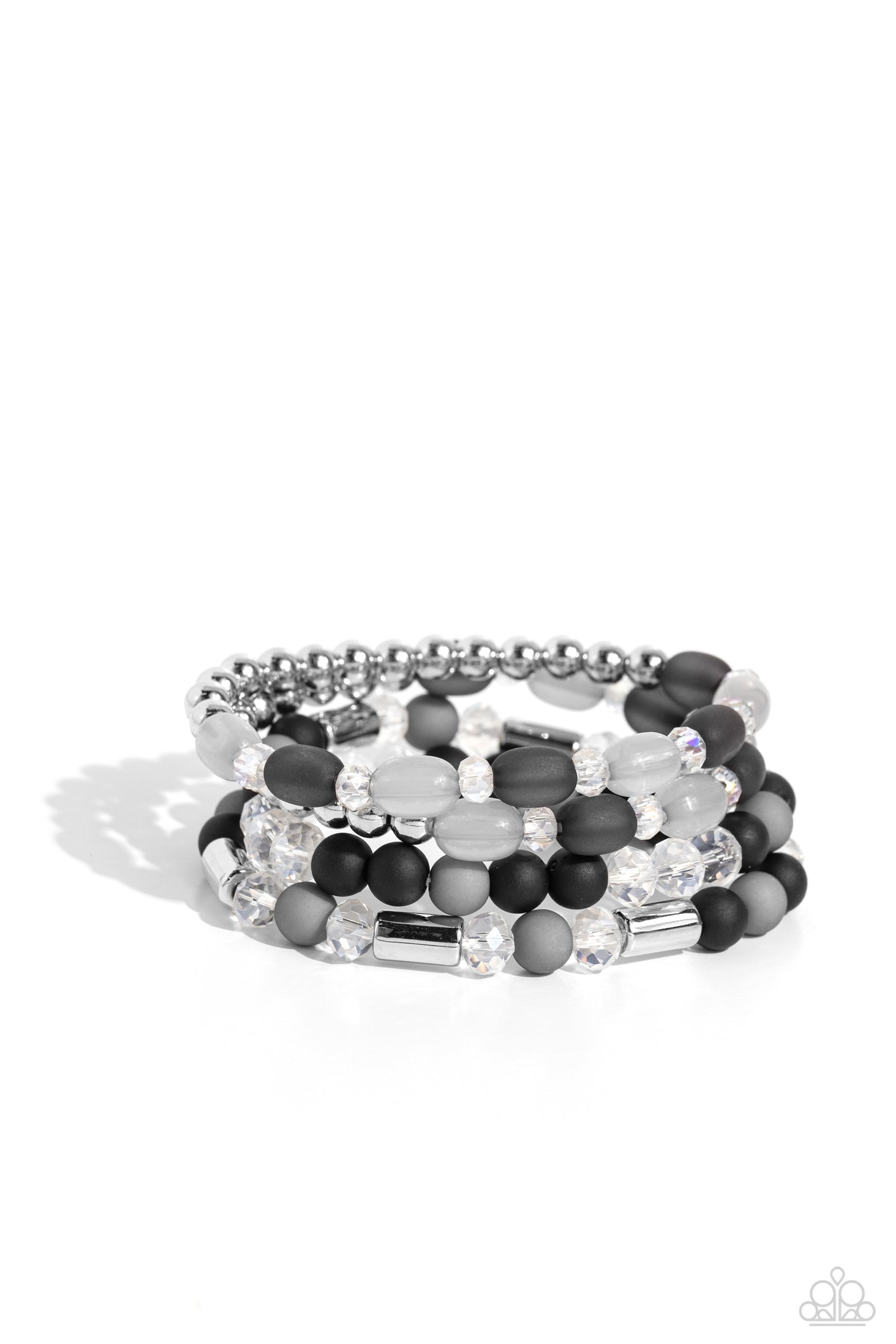 Glassy Gait - Black, Silver, & Gray Beaded Set of 4 Paparazzi Stretch Bracelets