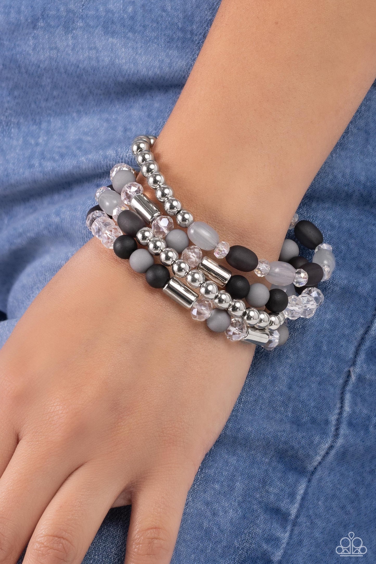 Glassy Gait - Black, Silver, & Gray Beaded Set of 4 Paparazzi Stretch Bracelets