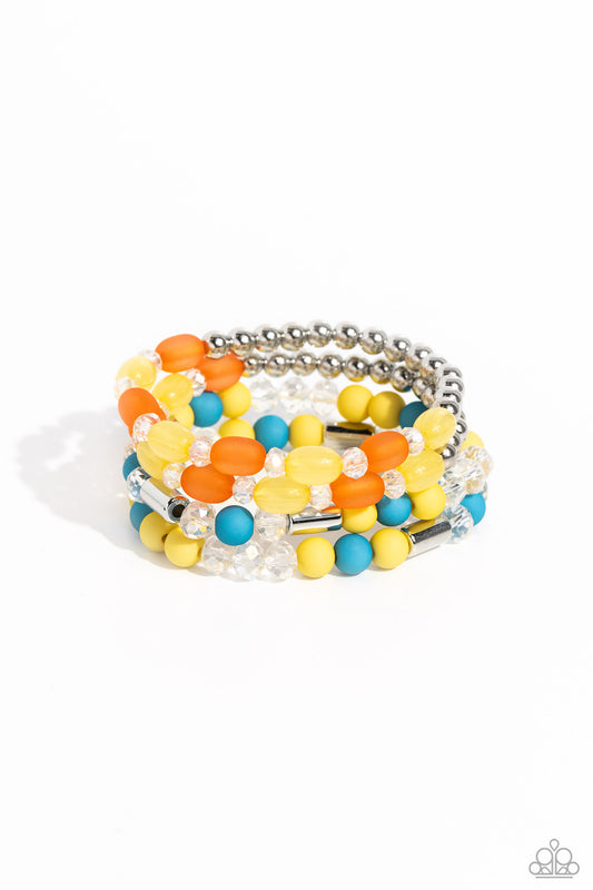 Glassy Gait - Multi Orange, Yellow, Turquoise, & Silver Beaded Set of 4 Paparazzi Stretch Bracelets