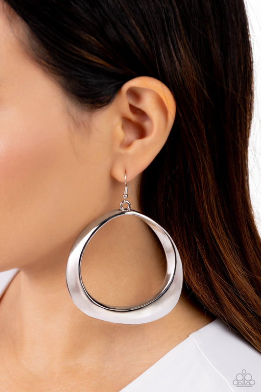 Asymmetrical Action - Silver Oversized Warped Ring Paparazzi Earrings