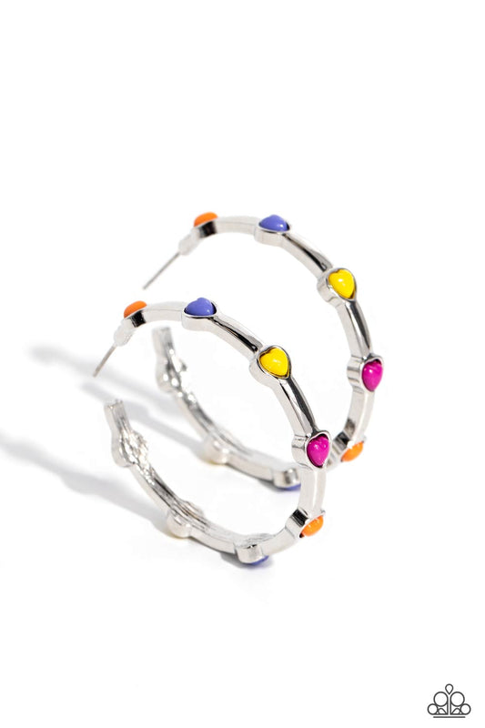 Affectionate Actress - Orange, Blue, Yellow, & Pink Heart Beaded Paparazzi Hoop Earrings