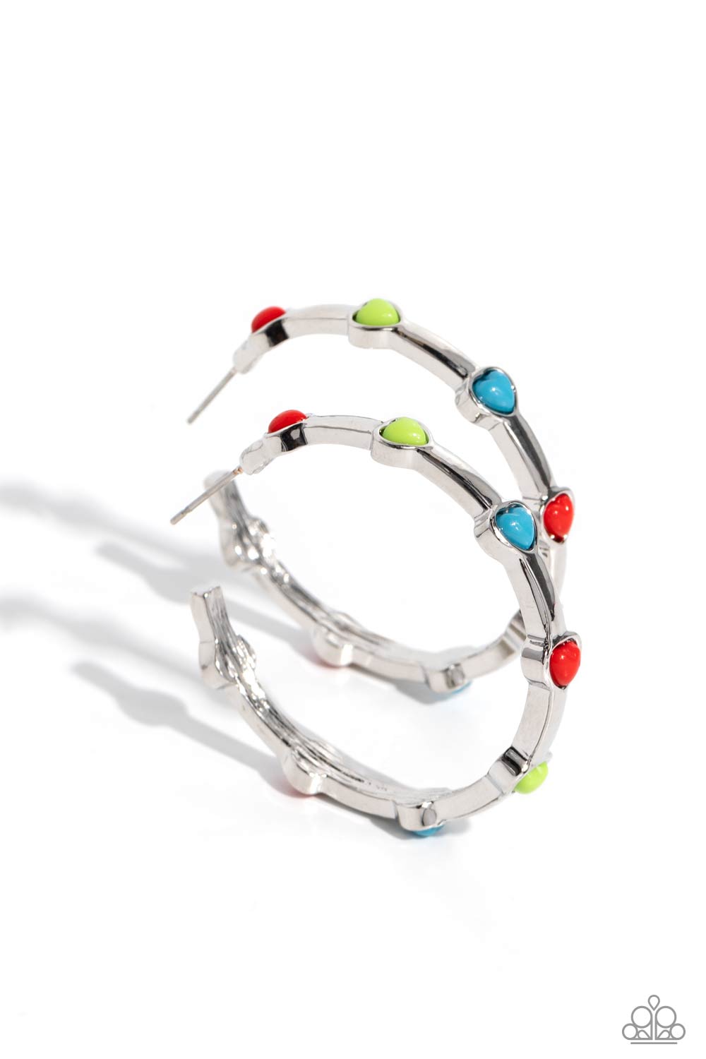 Affectionate Actress - Red, Green, & Turquoise Heart Encrusted Paparazzi Hoop Earrings