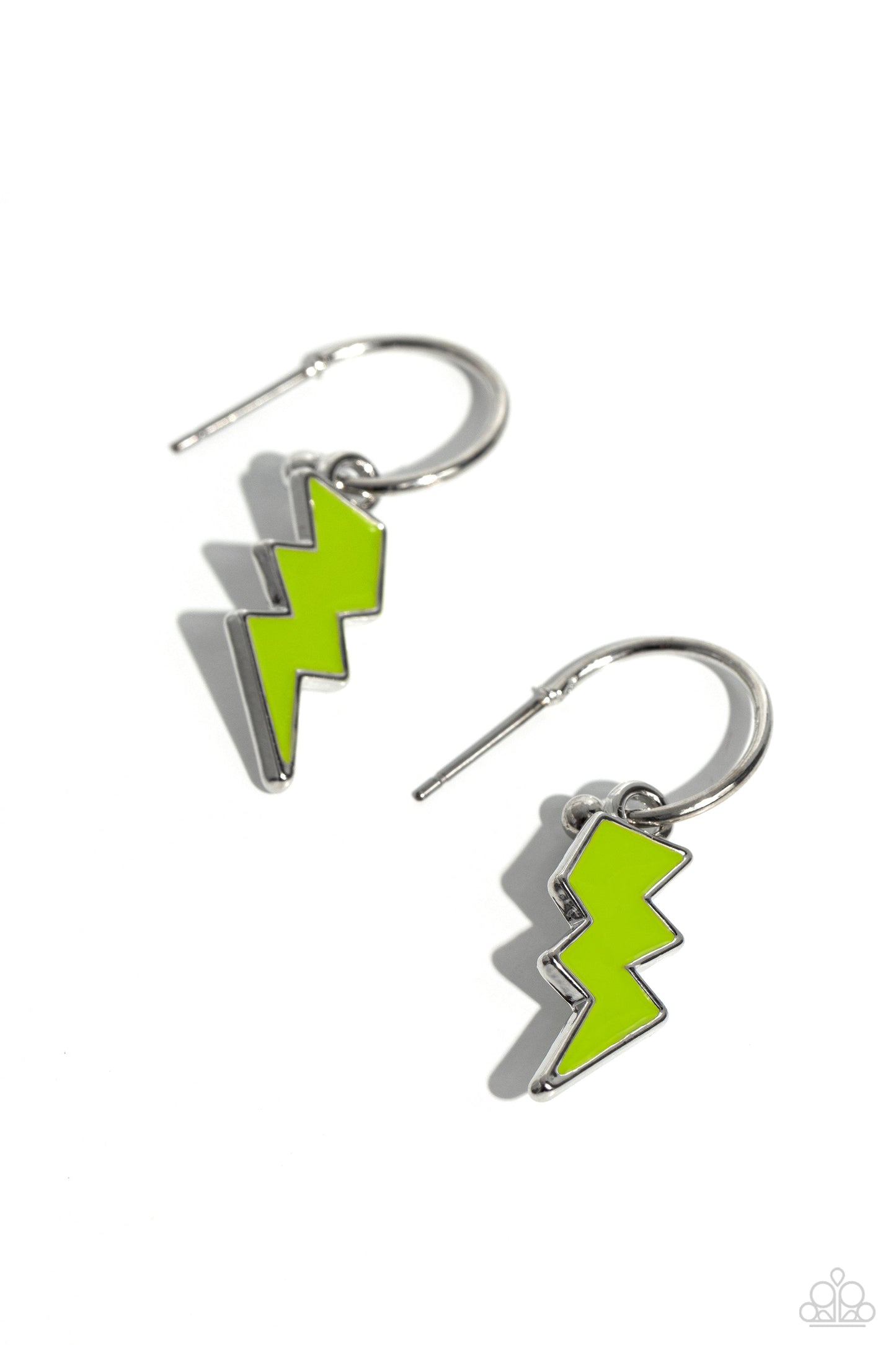 Lightning Limit - Green Lightning Bolt Charm/Silver Hoop Paparazzi Earrings