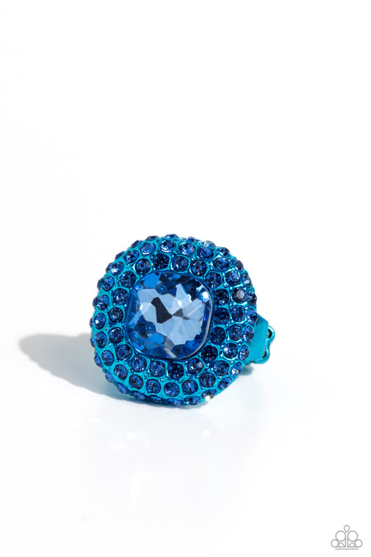Glistening Grit - Blue Gem, Blue Rhinestones, & Blue Metallic Frame Paparazzi Ring