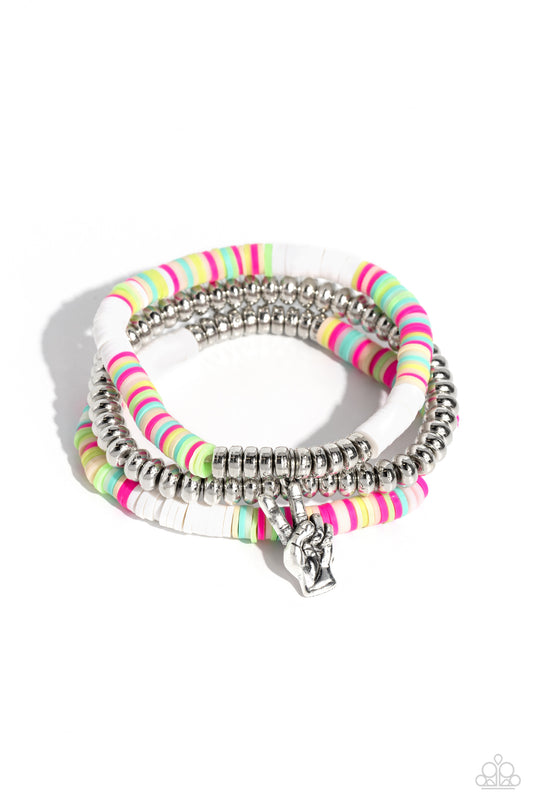 Peaceful Potential - White, Pink, Green, Blue, Tan Discs/Silver Peace Sign Paparazzi Stretch Bracelets