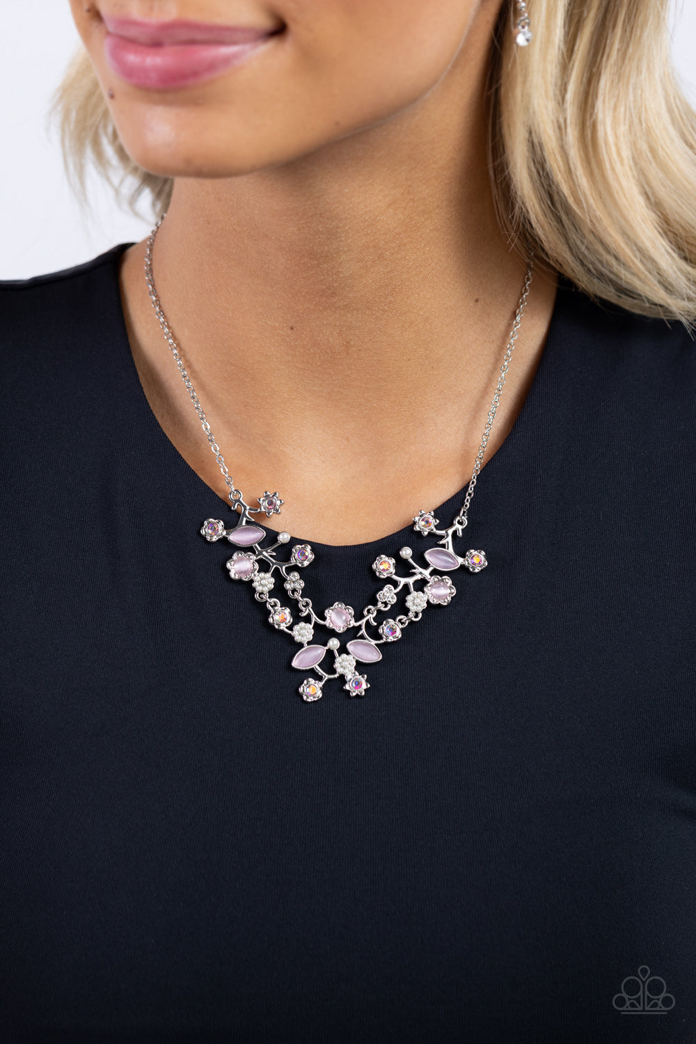 Gardening Group - Pink Cat's Eye Stones/Iridescent Rhinestone Paparazzi Necklace & matching earrings
