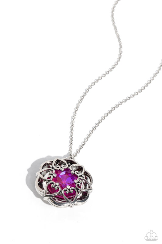 Flowering Fantasy - Pink UV Gem/Silver Floral Frame Pendant Paparazzi Necklace & matching earrings