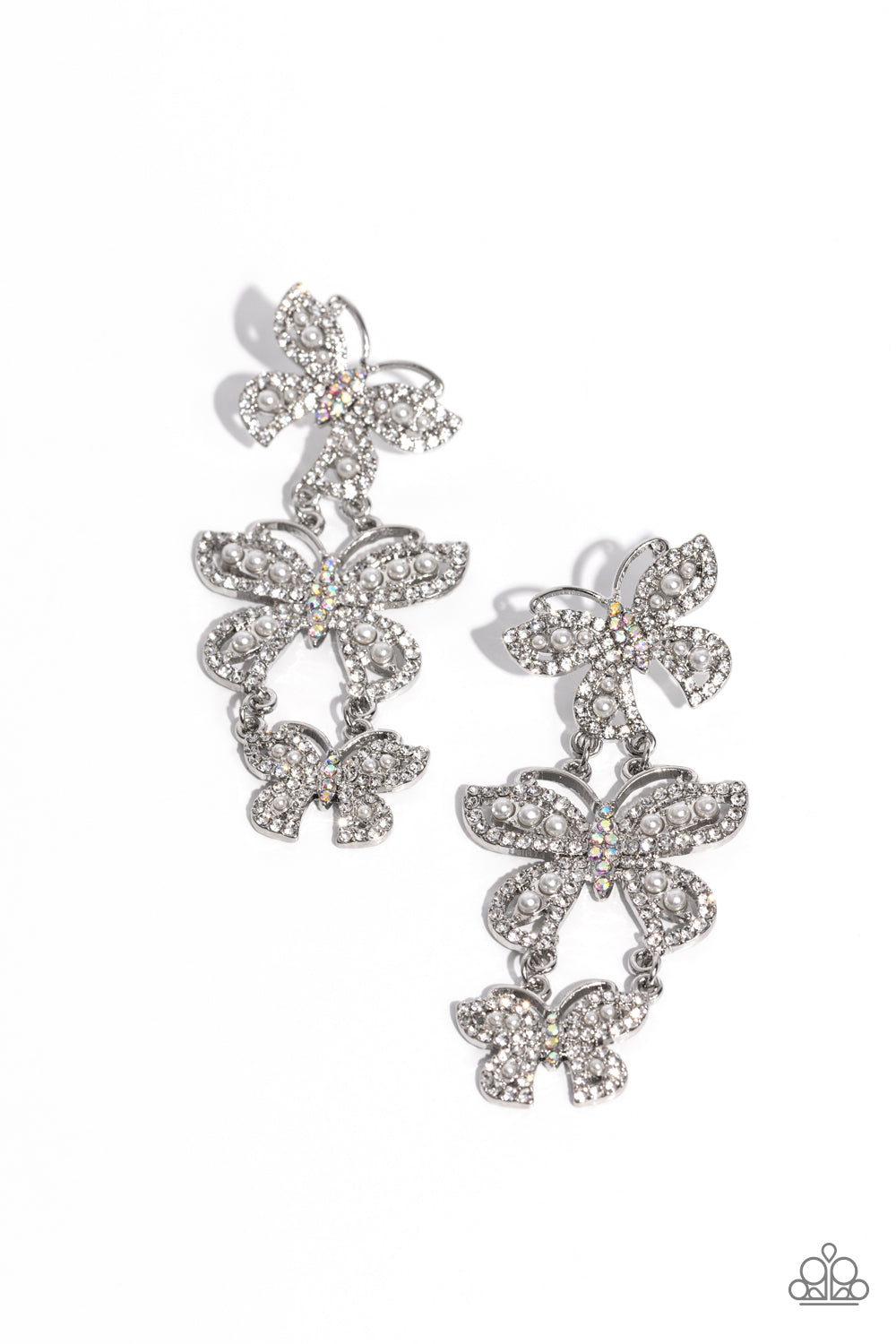 Fluttering Finale - White Rhinestones/White Pearl/Iridescent Rhinestone Butterfly Paparazzi Earrings