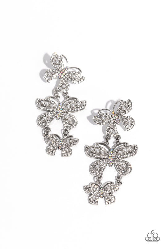 Fluttering Finale - White Rhinestones/White Pearl/Iridescent Rhinestone Butterfly Paparazzi Earrings