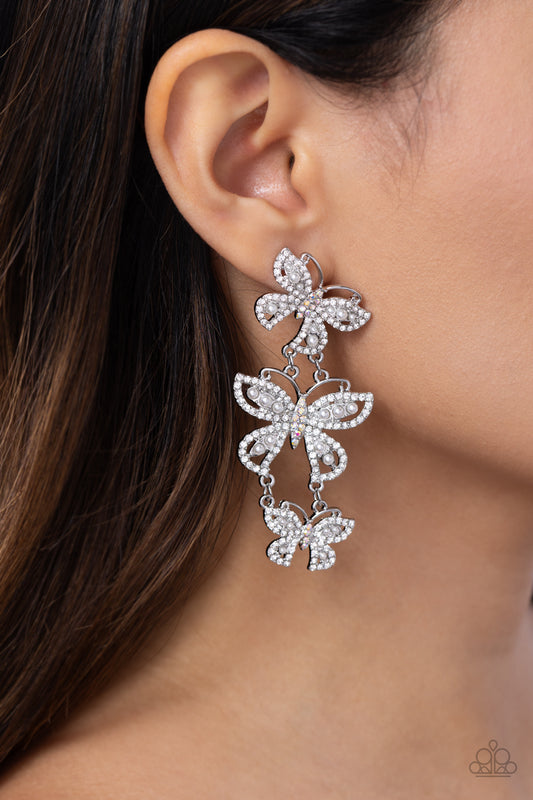 Fluttering Finale - White Rhinestones/White Pearl/Iridescent Rhinestone Butterfly Paparazzi Earrings