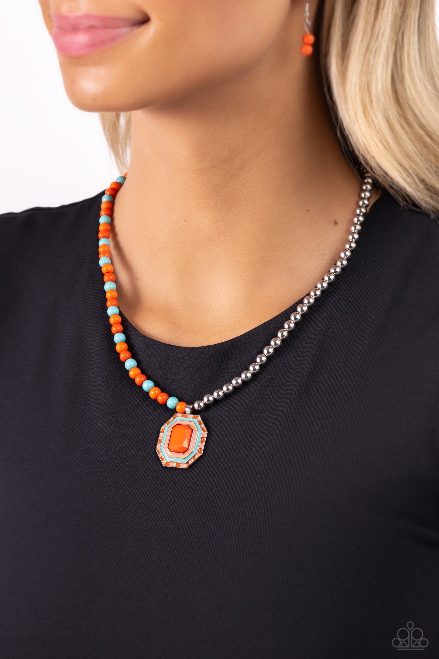 Contrasting Candy - Orange, Coral, Blue Beads/Oversized Pendant Paparazzi Necklace & matching earrings