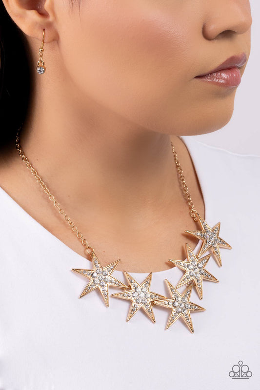 Rockstar Ready - Gold 3D Stars/White Rhinestone Paparazzi Necklace & matching earrings