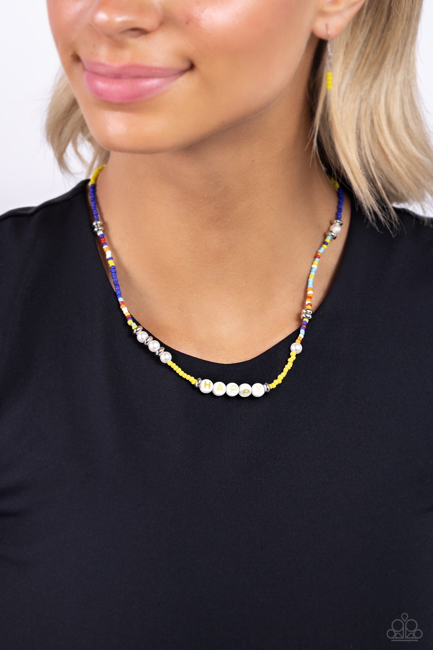 Happy to See You - Yellow/Multicolored Seed Beads/"Happy" Letter Beads Paparazzi Necklace & matching earrings