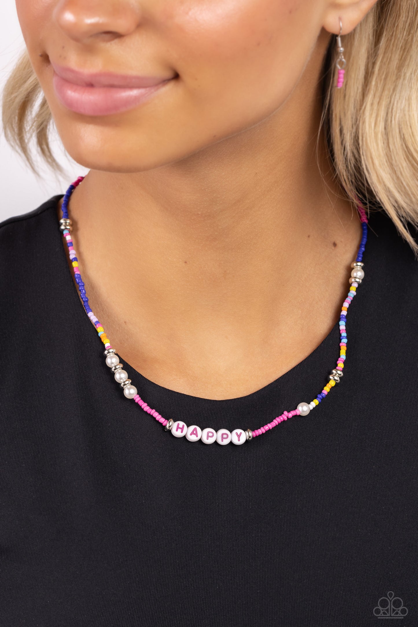 Happy to See You - Pink "Happy" Beaded Paparazzi Necklace & matching earrings