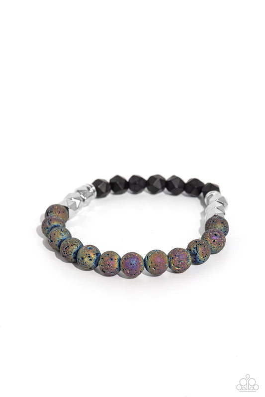 Defaced Deed - Multi Oil Spill Lava Rocks/Black & Silver Beaded Paparazzi Stretch Bracelet