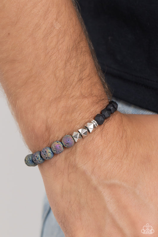 Defaced Deed - Multi Oil Spill Lava Rocks/Black & Silver Beaded Paparazzi Stretch Bracelet