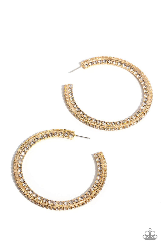 Scintillating Sass - Gold Textures Oversized Hoop/White Rhinestone Paparazzi Earrings