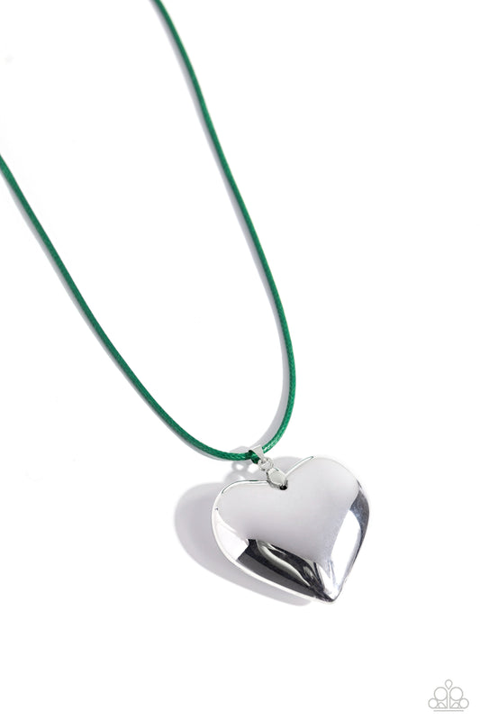 Devoted Daze - Green Cording/Silver Oversized Heart Pendant Paparazzi Necklace & matching earrings