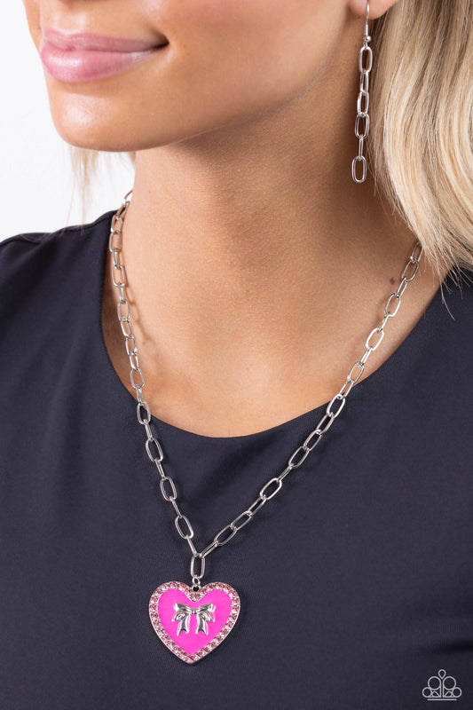 Romantic Gesture - Pink Rhinestones/Pink Heart Pendant Paparazzi Necklace & matching earrings
