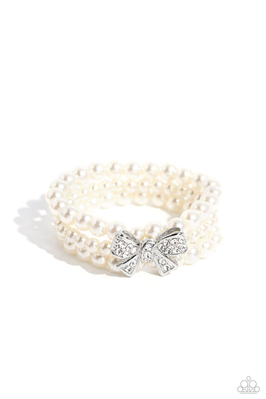 How Do You Do? - White Pearls/Bow Charm Paparazzi Stretch Bracelet