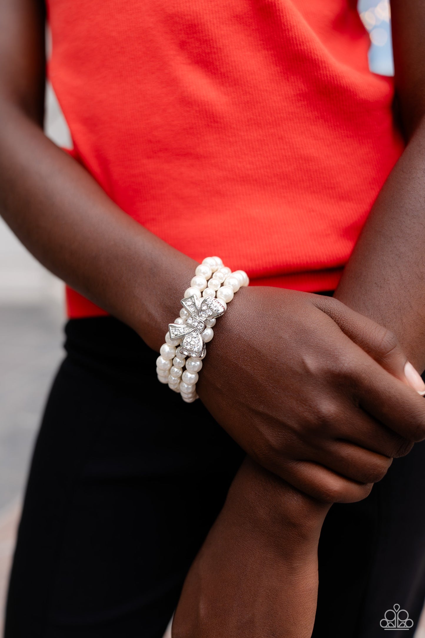 How Do You Do? - White Pearls/Bow Charm Paparazzi Stretch Bracelet