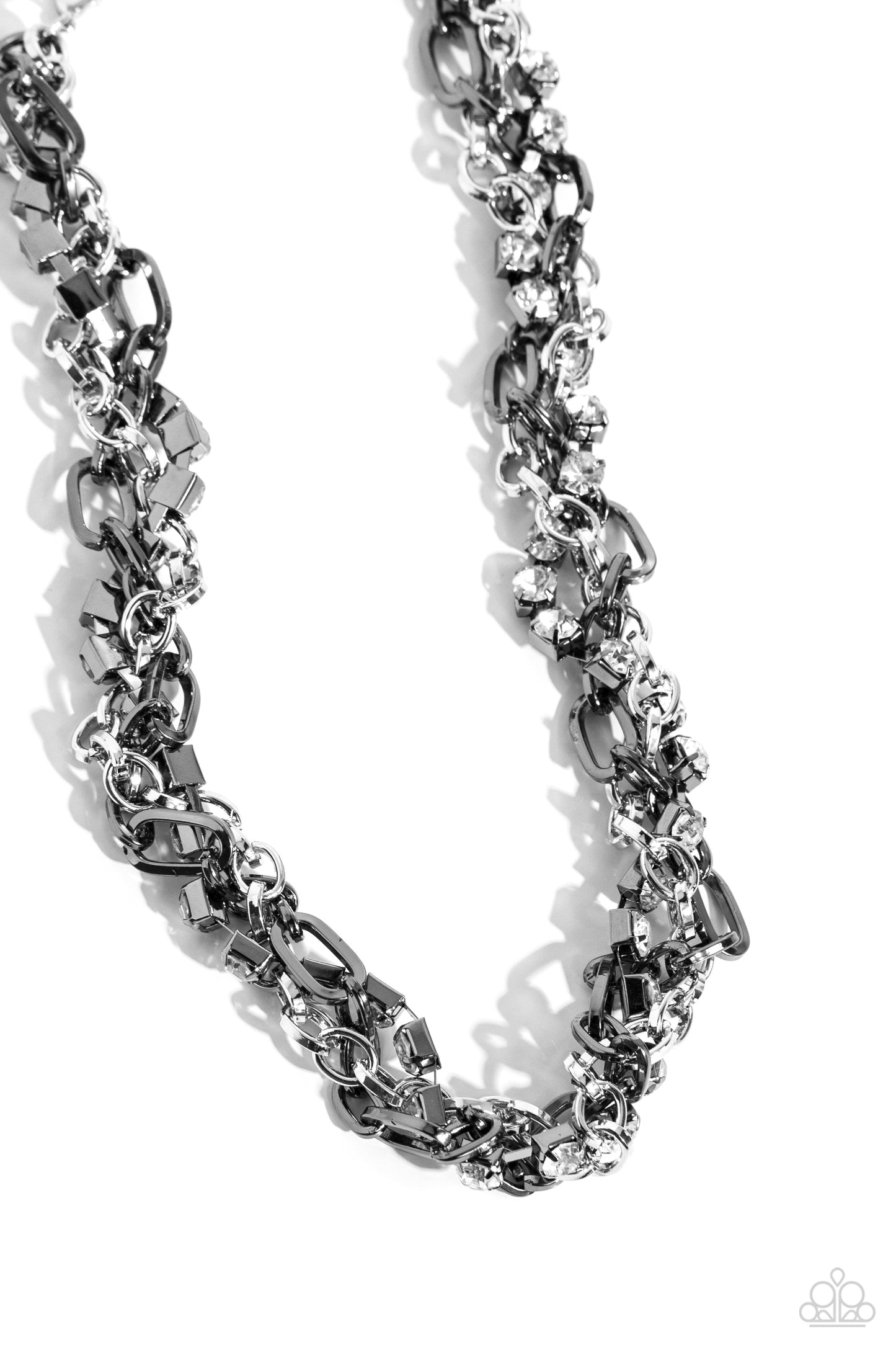 Totally Two-Toned - Silver/Gunmetal Links/White Rhinestones Paparazzi Necklace & matching earrings