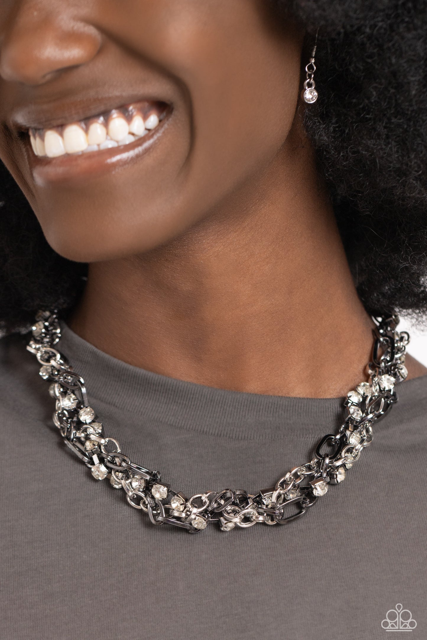 Totally Two-Toned - Silver/Gunmetal Links/White Rhinestones Paparazzi Necklace & matching earrings