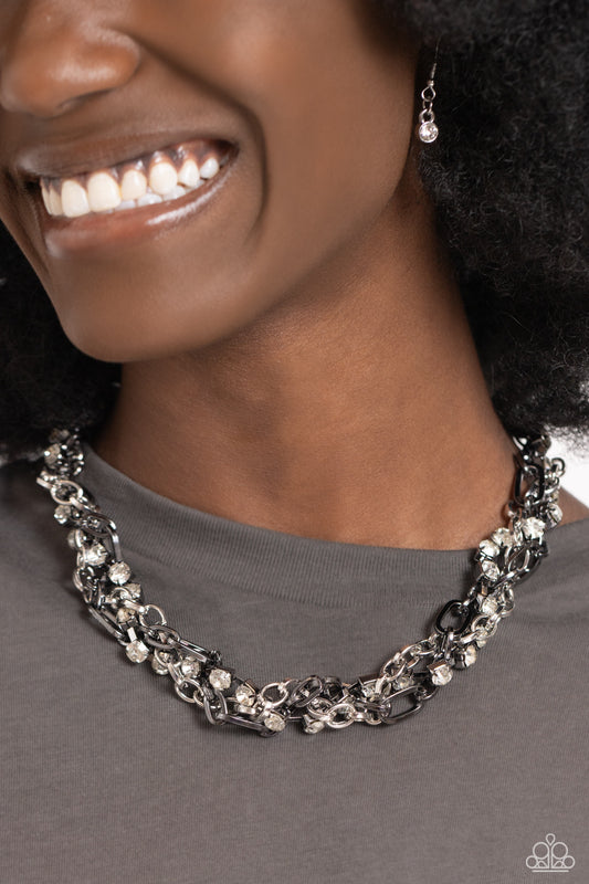 Totally Two-Toned - Silver/Gunmetal Links/White Rhinestones Paparazzi Necklace & matching earrings