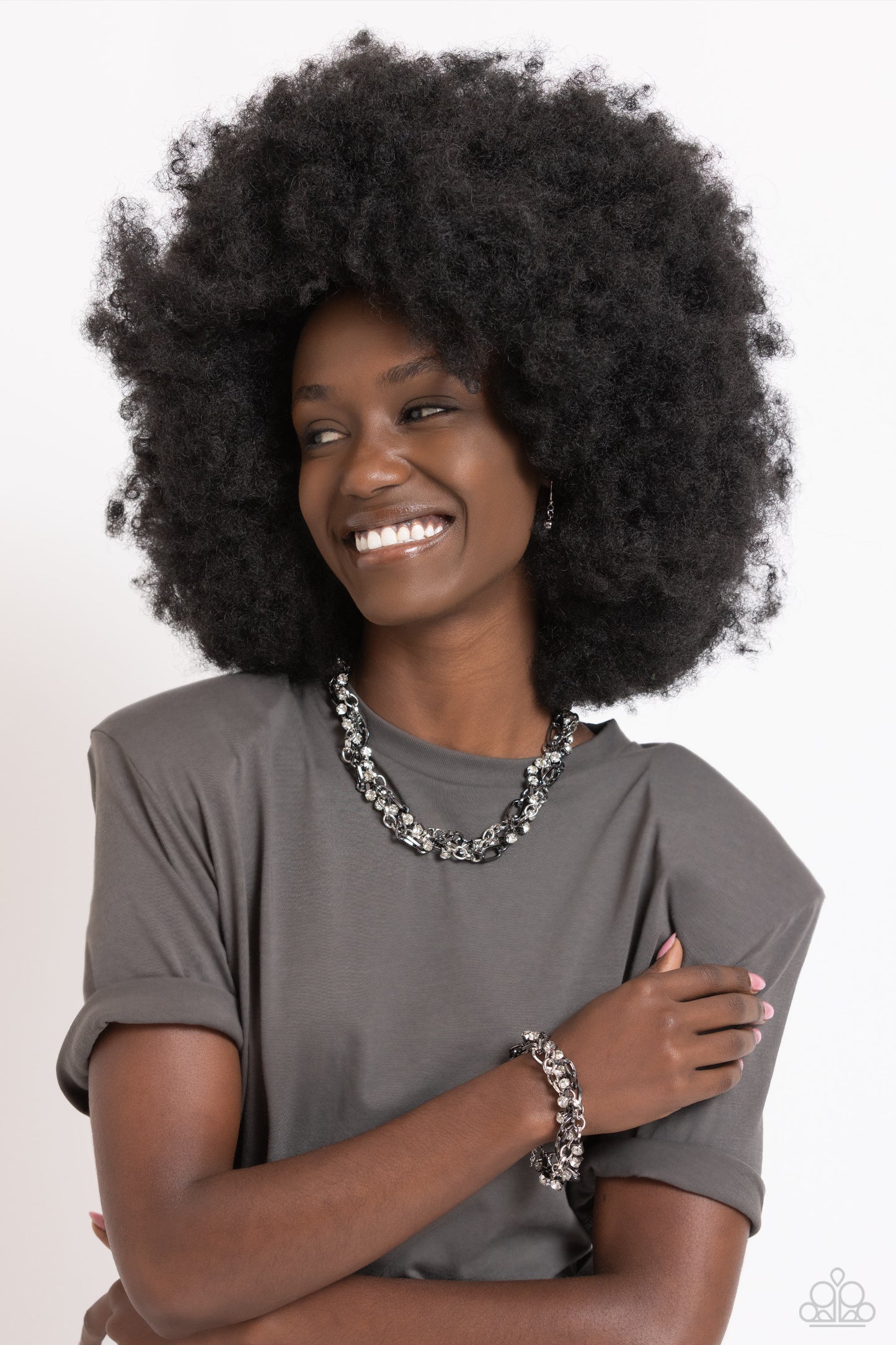 Totally Two-Toned - Silver/Gunmetal Links/White Rhinestones Paparazzi Necklace & matching earrings