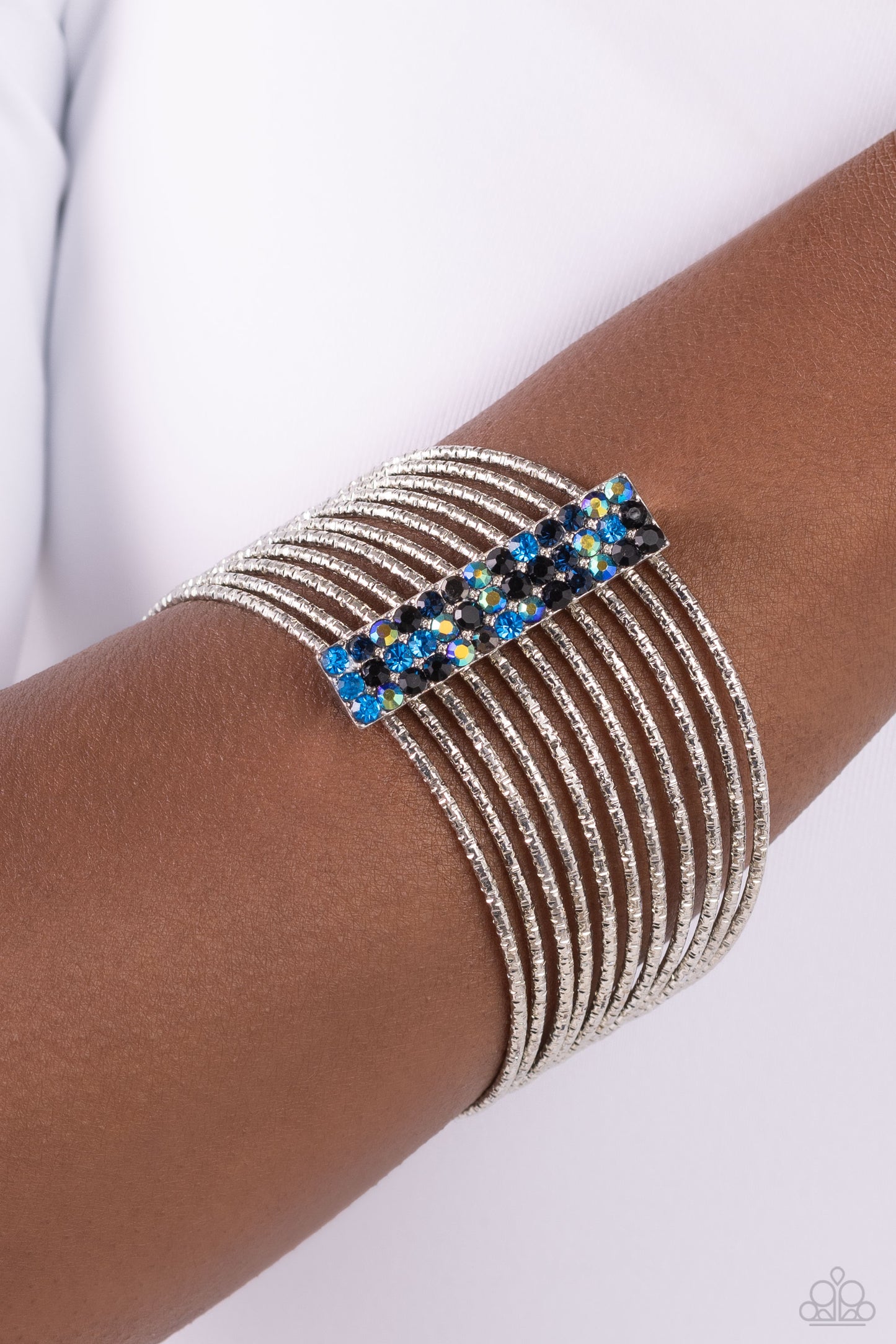 Shimmery Silhouette - Multi Colored Gems, Rectangular Fitting, & Silver Bangles Paparazzi Bracelet