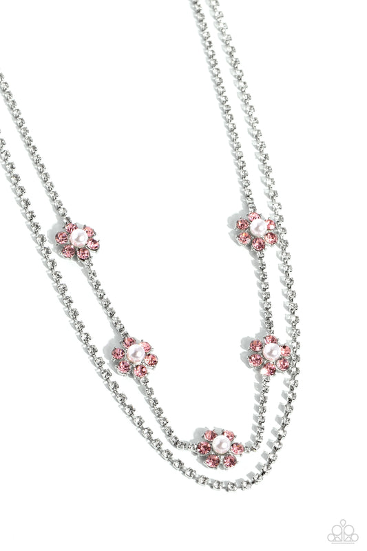 A SQUARE Beauty - Pink Rhinestone/White Pearl Flowers Paparazzi Necklace & matching earrings