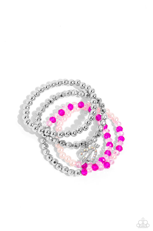 Heart-struck Haute - Multi Colored Faceted Beads & Heart Charm Paparazzi Set of 4 Stretch Bracelets