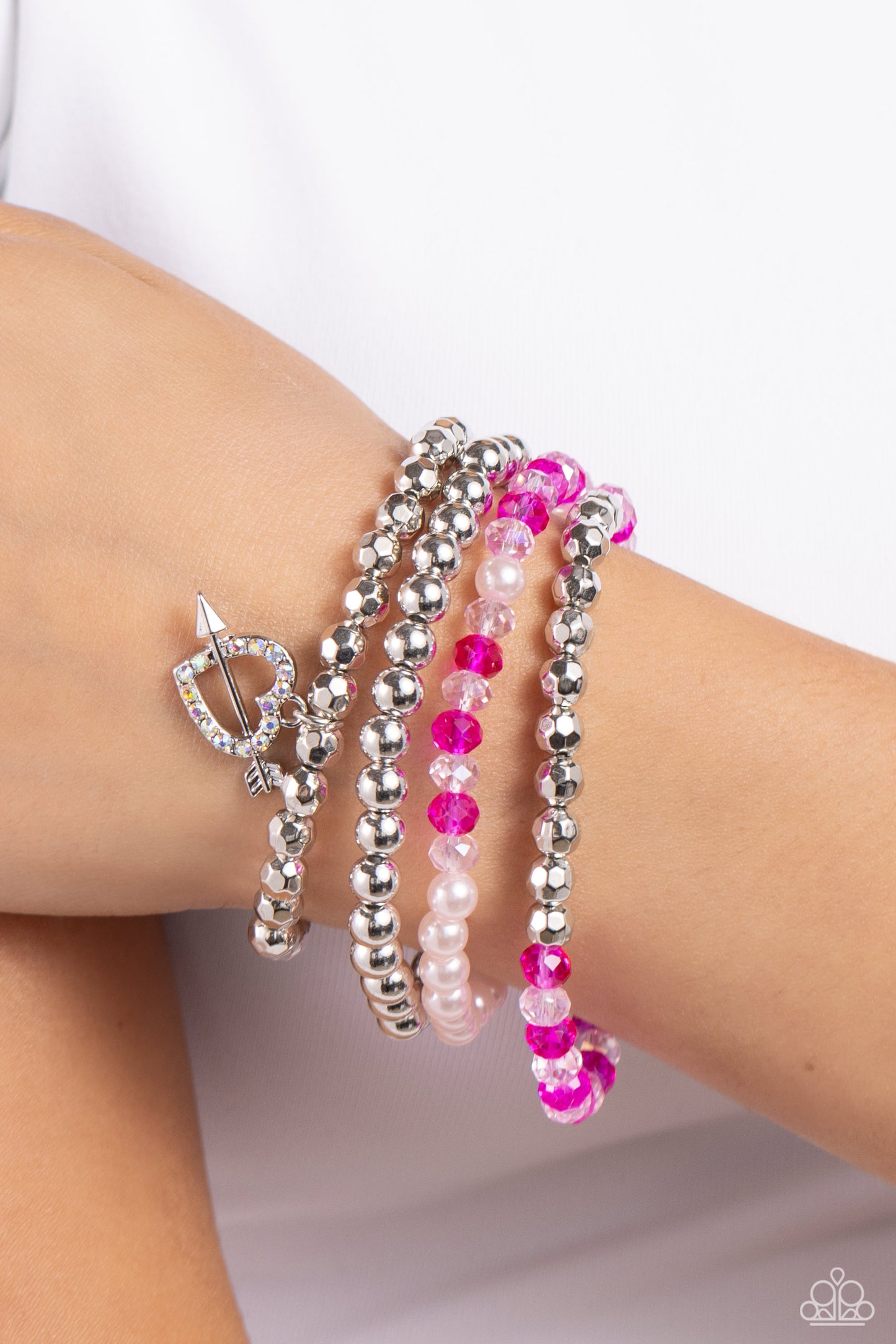 Heart-struck Haute - Multi Colored Faceted Beads & Heart Charm Paparazzi Set of 4 Stretch Bracelets