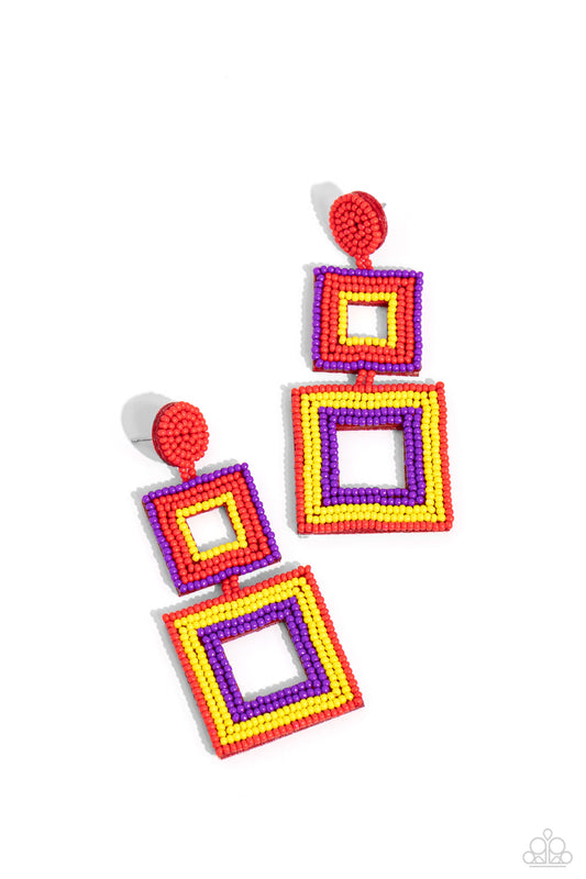 Seize the Squares - Red, Yellow, & Purple Seed Bead Squares Paparazzi Earrings