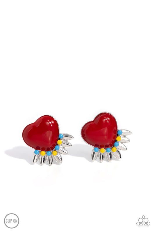 Spring Story - Red Heart/Textured Silver Leaves Paparazzi CLIP-ON Earrings
