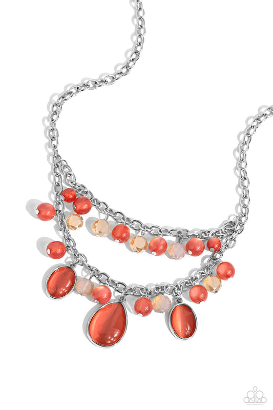 Dewy Disposition - Orange Cat's Eye Stones/Champagne Beaded Paparazzi Necklace & matching earrings