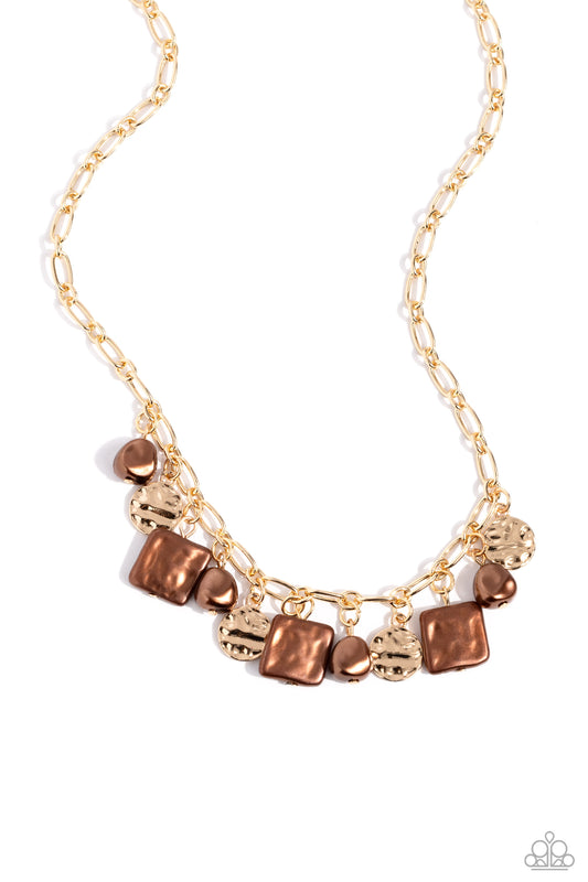 Sophisticated Squared - Brown Pearls/Hammered Gold Disc Paparazzi Necklace & matching earrings