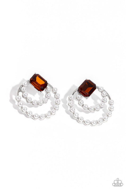 Double Standard - Brown/Topaz Gem & White Pearls Paparazzi Earrings