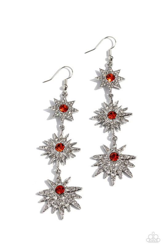 Stellar Series - Orange & White Rhinestone Silver Star Paparazzi Earrings