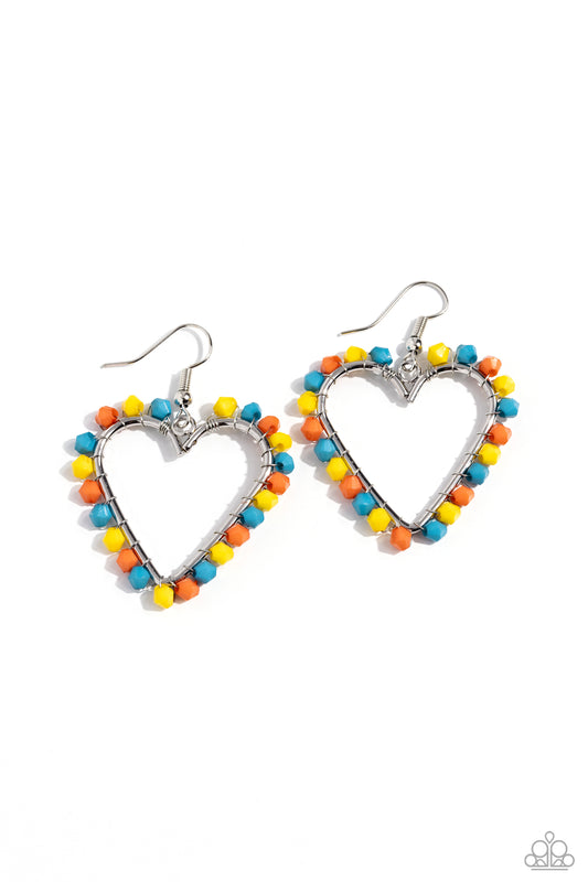 Fun-Loving Fashion - Yellow, Turquoise, & Orange Beaded Heart Paparazzi Earrings