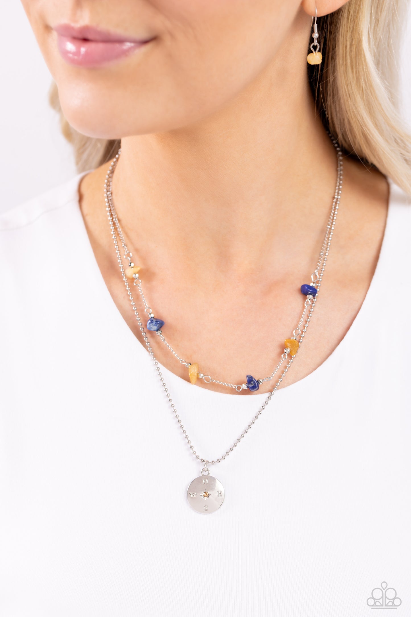 Sense of Direction - Yellow/Blue Stones/Silver Compass Pendant Paparazzi Necklace & matching earrings