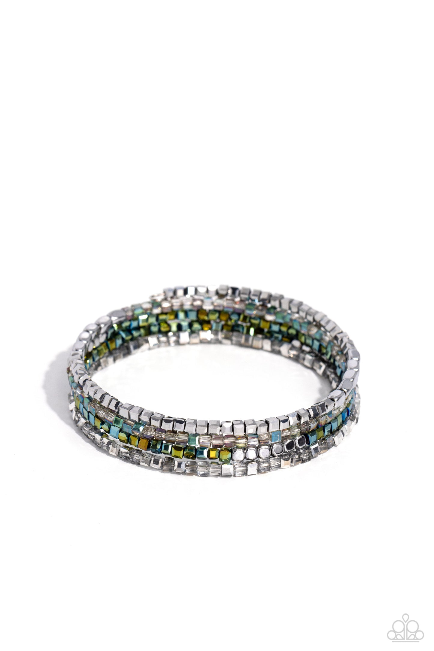 Dainty Dancer - Silver Cube & Blue Oil Spill Beaded Paparazzi Coil Bracelet