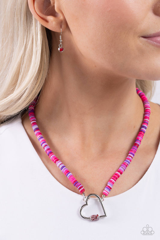 Clearly Carabiner - Red, Pink, Purple Clay Discs/Silver Heart Paparazzi Necklace & matching earrings