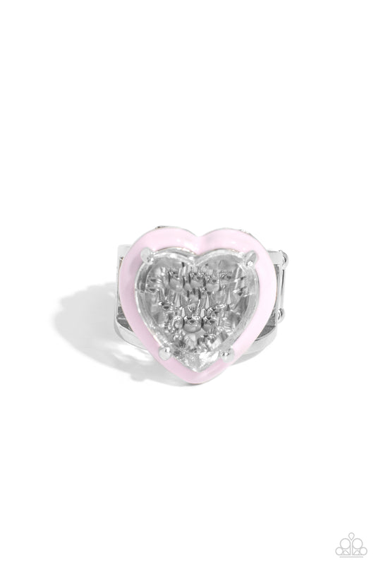 Hallmark Heart - Pink Painted Frame/White Heart Gem Paparazzi Ring