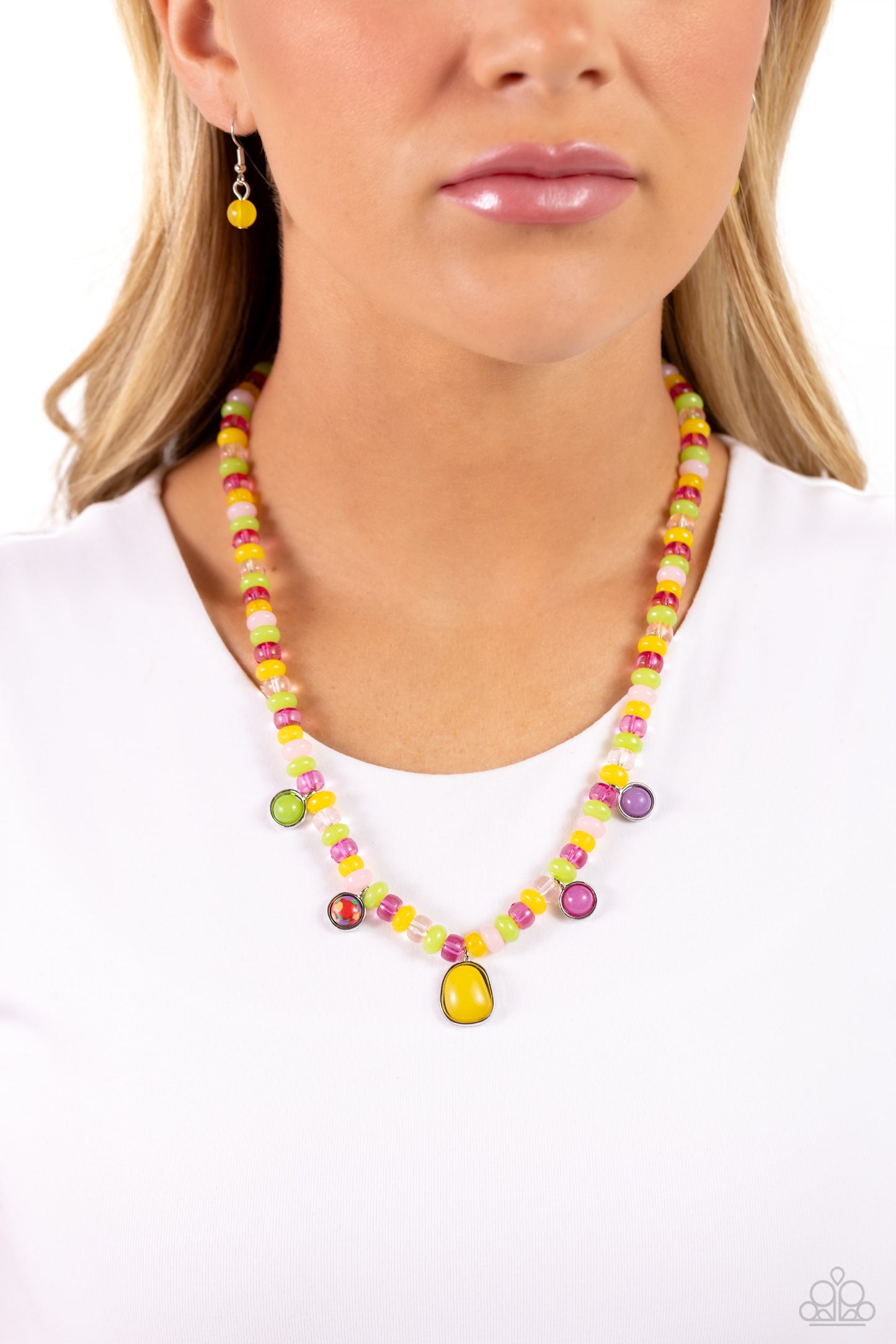 Colorfully California - Yellow, Pink, & Green Beaded Paparazzi Necklace & matching earrings