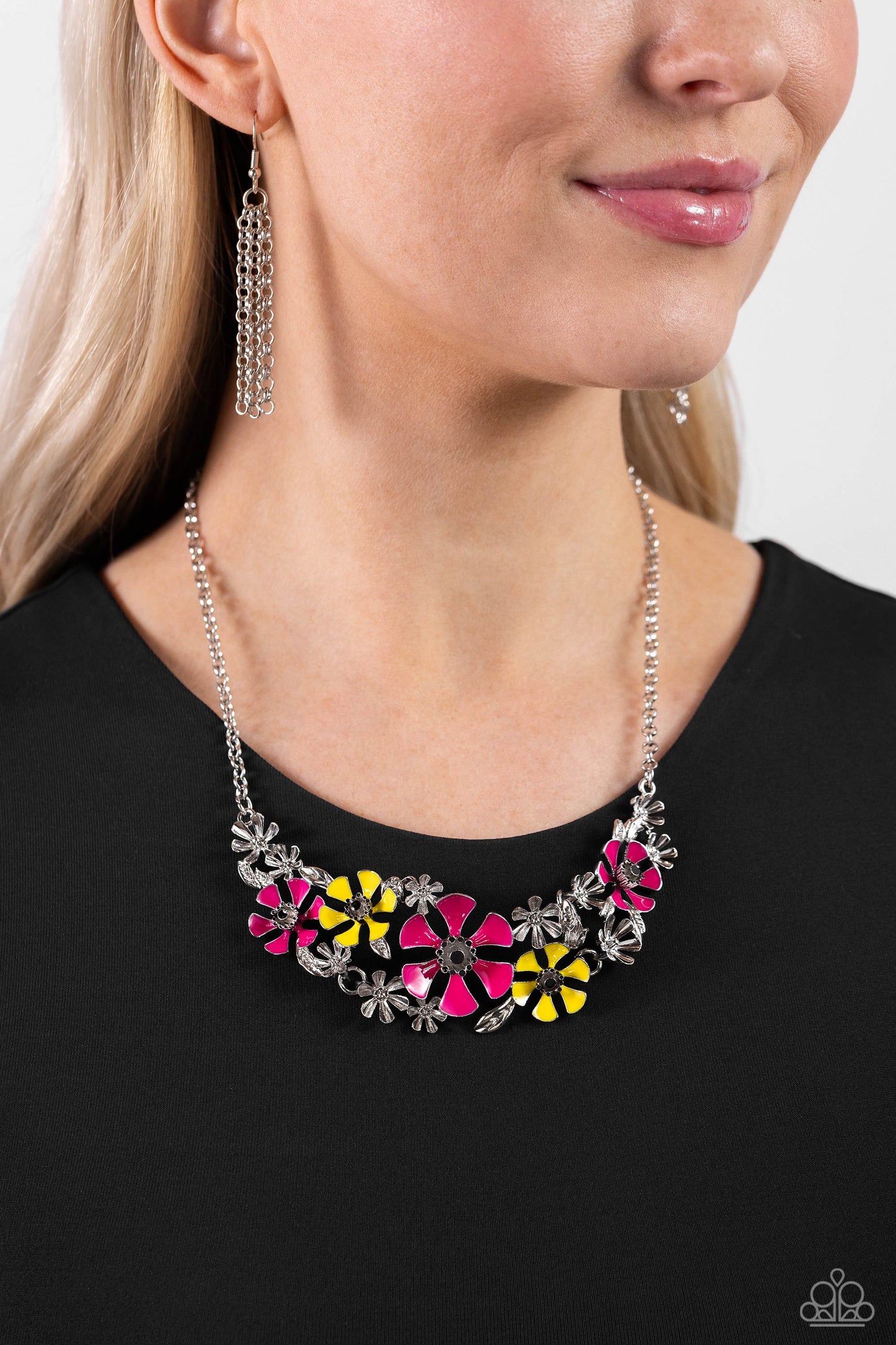 Blooming Practice - Pink/Yellow/Silver Flowers Paparazzi Necklace & matching earrings