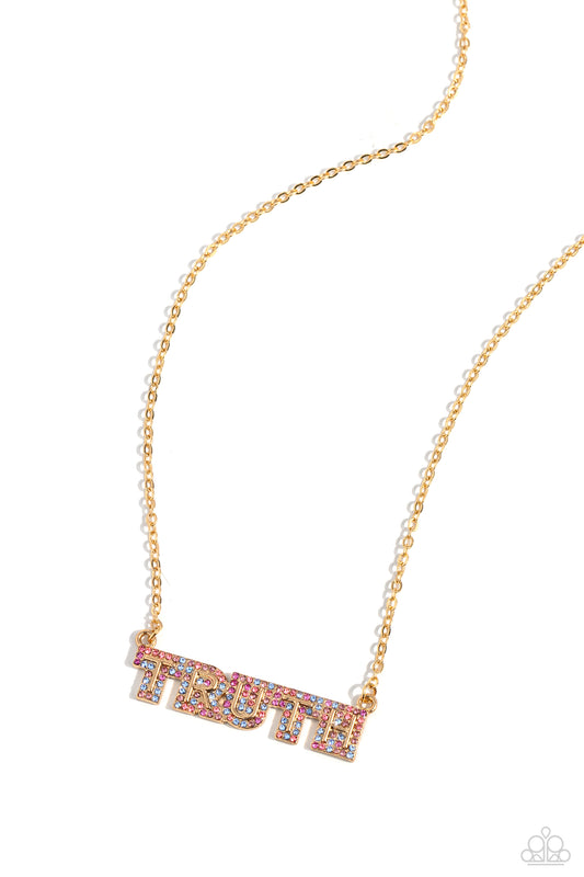 Truth Trinket - Gold "TRUTH" encrusted in Orange/Pink/Blue Rhinestones Pendant Paparazzi Necklace & matching earrings