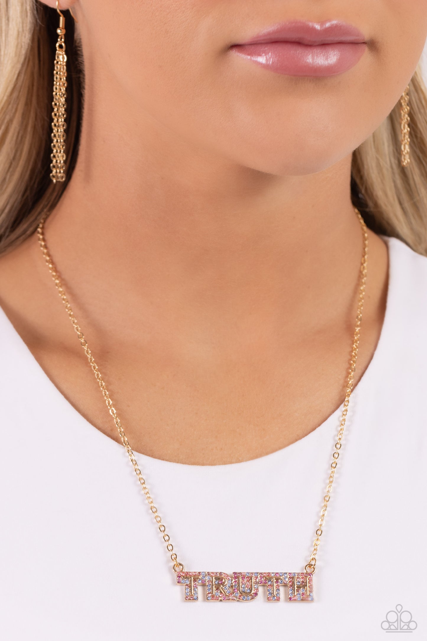 Truth Trinket - Gold "TRUTH" encrusted in Orange/Pink/Blue Rhinestones Pendant Paparazzi Necklace & matching earrings
